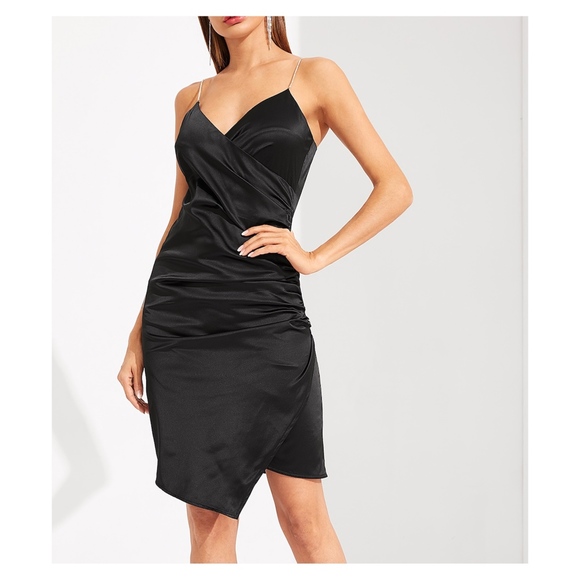 MBM Unlimited Dresses & Skirts - Black Bodycon Surplice Wrap Satin Formal Dress